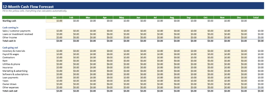 Preview of the Cash Flow Template