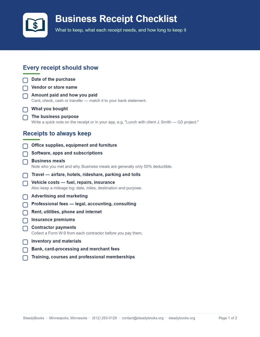 Preview of the Business Receipt Checklist